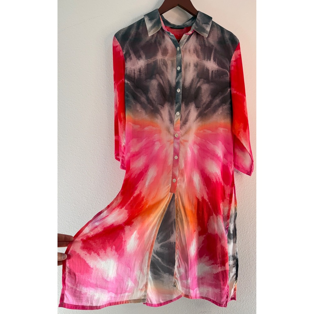 APNY Tie Dye Button Front Tunic Top Side Slits Cupro Blend Boho Hippie Festival